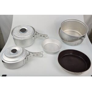 Vtg Olicamp Camping Cookware Mess Kit Aluminum Pots Pans Frying Pan Vintage